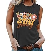 Retro Stay Groovy Tank Tops for Womens Floral Hippie 70s Disco Outfits Summer Sleeveless Shirt Tee