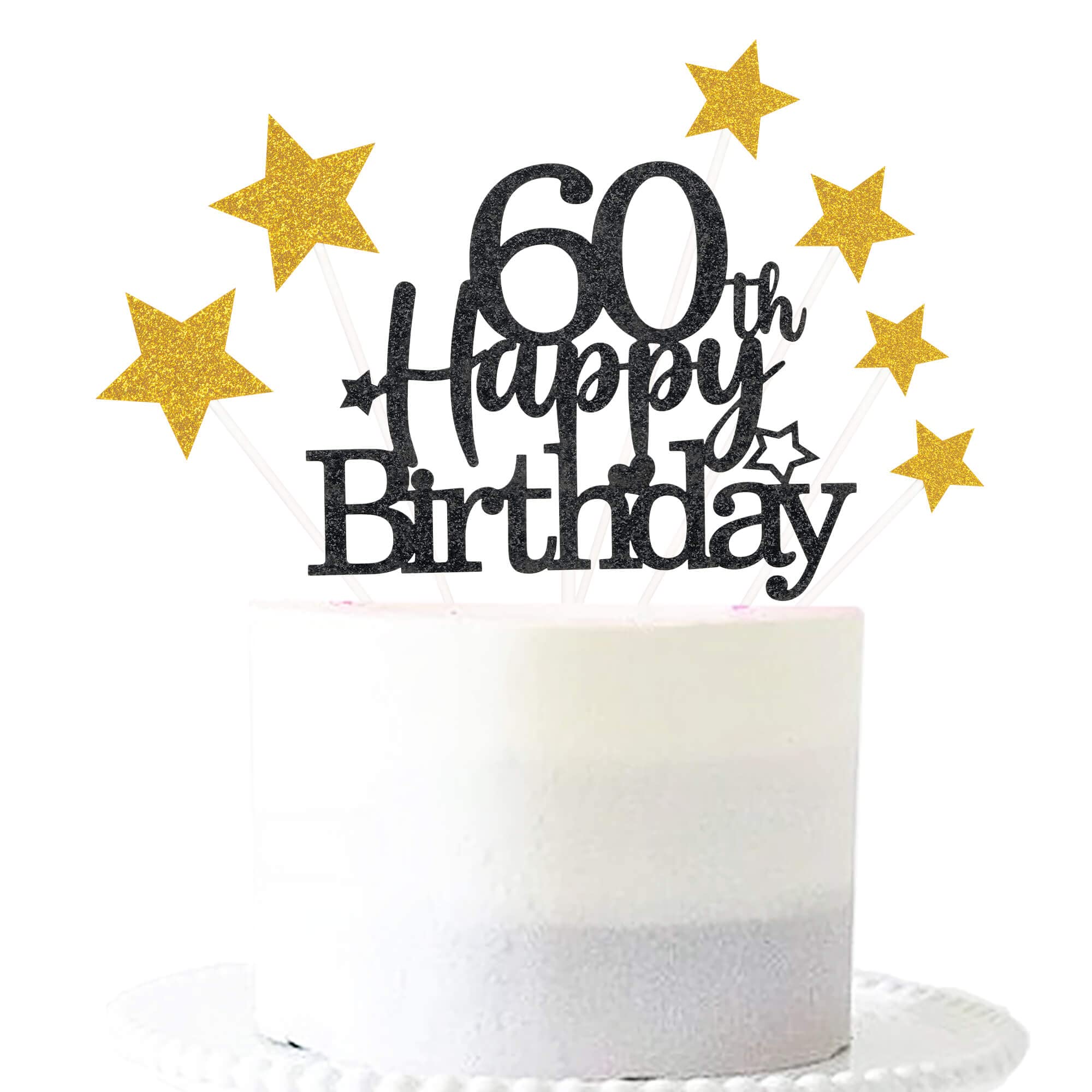 Glittery 60th Happy Birthday Cake Topper with Star,60 Birthday Cake Toppers Party Decorations Party Supplies for Men Women Black Gold