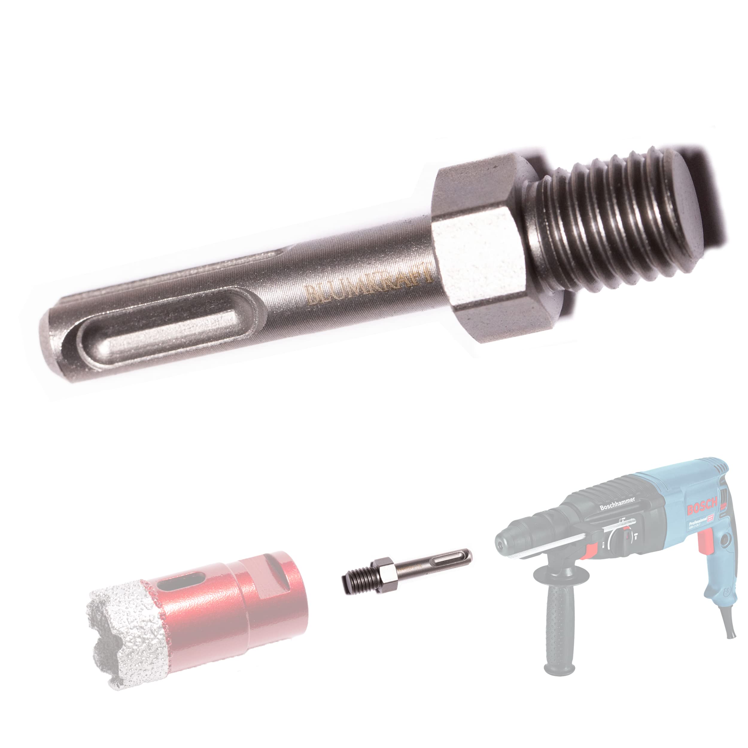 BLUMKRAFT M14 male to SDS+ / SDS PLUS adapter for drill bits, diamond hole saws (diamond). M14M-SDS+ / M14-SDSPLUS