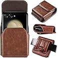 NINKI Compatible for Samsung Z Flip 6 Holster Z Flip 5,Moto Razr Plus 2024/2023 Case Belt Razr 50 Ultra Holster Razr 2023/2024 Case,Leather Moto Razr+ Holster for Galaxy Z Flip 6 Case Holster,Brown