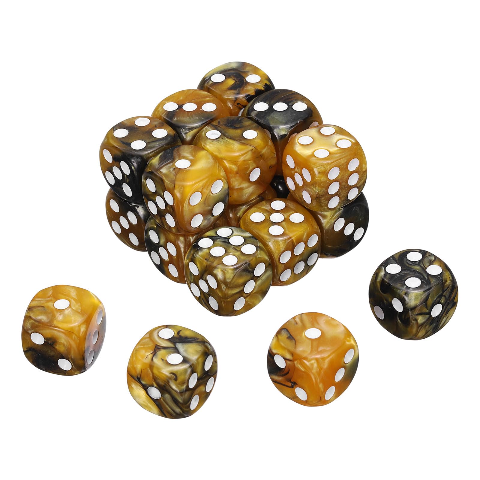 sourcing map 24Pcs 6 Sided Colored Standard Dice, 16mm Acrylic D6 Mini Polyhedral Pearl Pattern Two Tone Colors Game Dice Set for Table Games, Black/Yellow, White Point