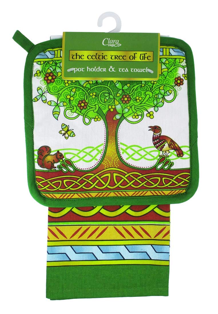 Royal Tara Irish Set of Tea Towel and Pot Holder Kitchen Dish Cloth 100% Cotton with Celtic Tree of Life Design