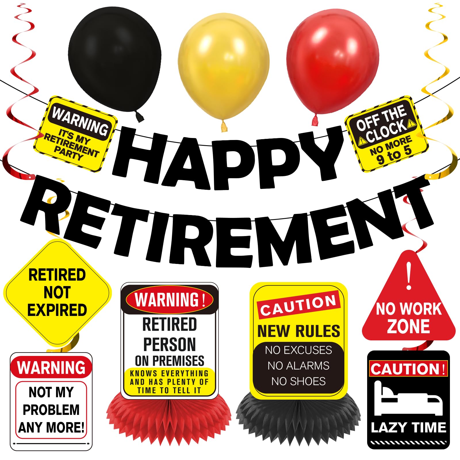 Photo 1 of 10pcs Funny Happy Retirement Party Decorations for Men Women Vintage Caution Happy Retirement Banner Balloons Hanging Swirls Table Centerpieces Retired Decorations Supplies for Farewell Going Away