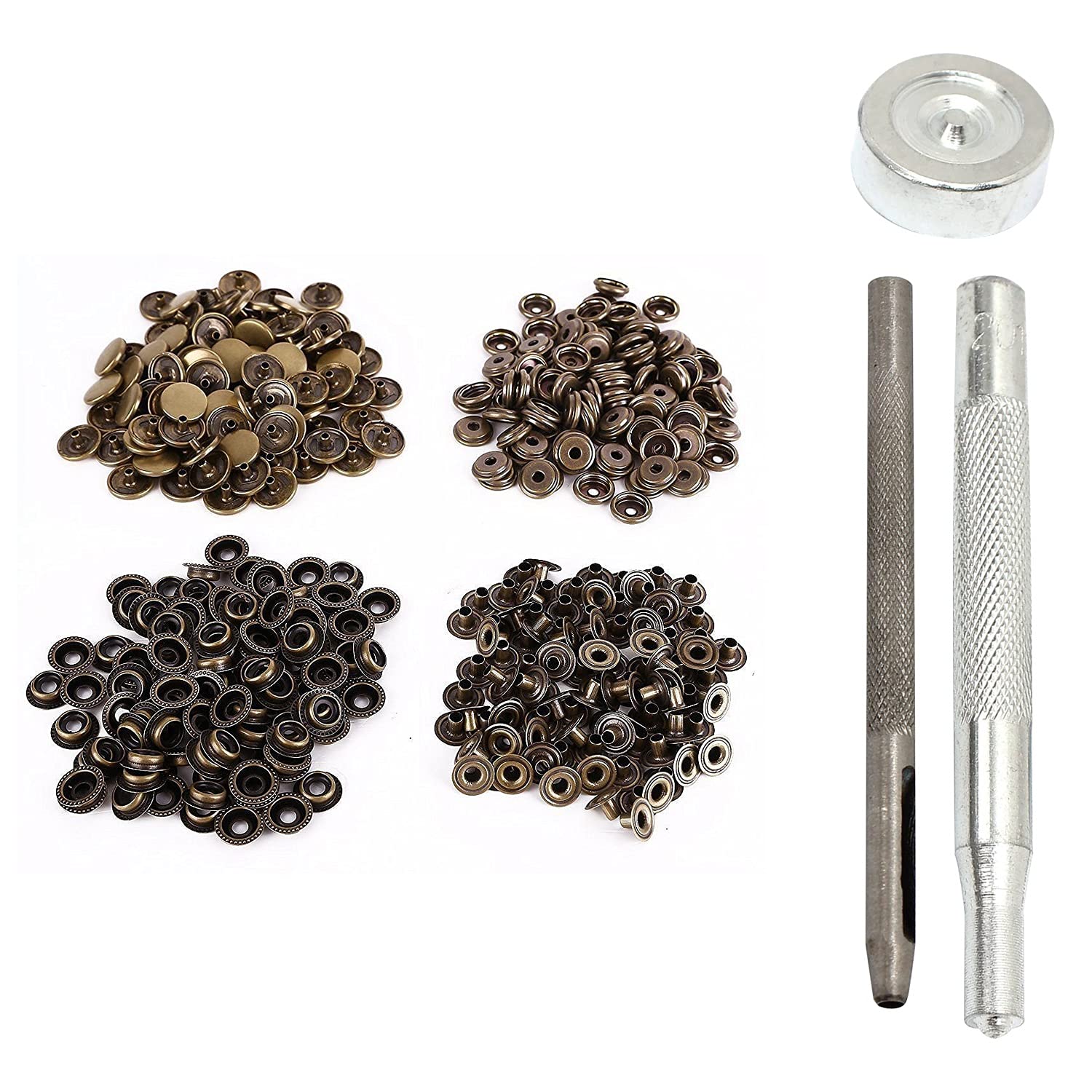 Trimming Shop 15mm, 10Pcs Bronze Large Press Studs with Fixing Kit, Heavy Duty Nickle Free for Leathercraft, Clothing, Bags, Belts, Arts, Crafts, 3 Hand Tools and 4 Part Snap Fasteners