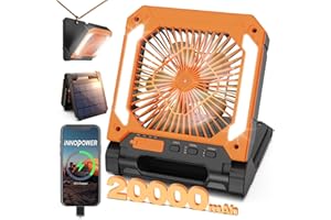 INNOPOWER 20000mAh Rechargeable Solar Camping Fan with Led Lantern, 3 Adjustable Speeds Cordless Battery Powered Portable Fan,Timer & Hanging Hook, Quiet USB-C Desk Fan for Tent Hurricane Worksite (Orange)