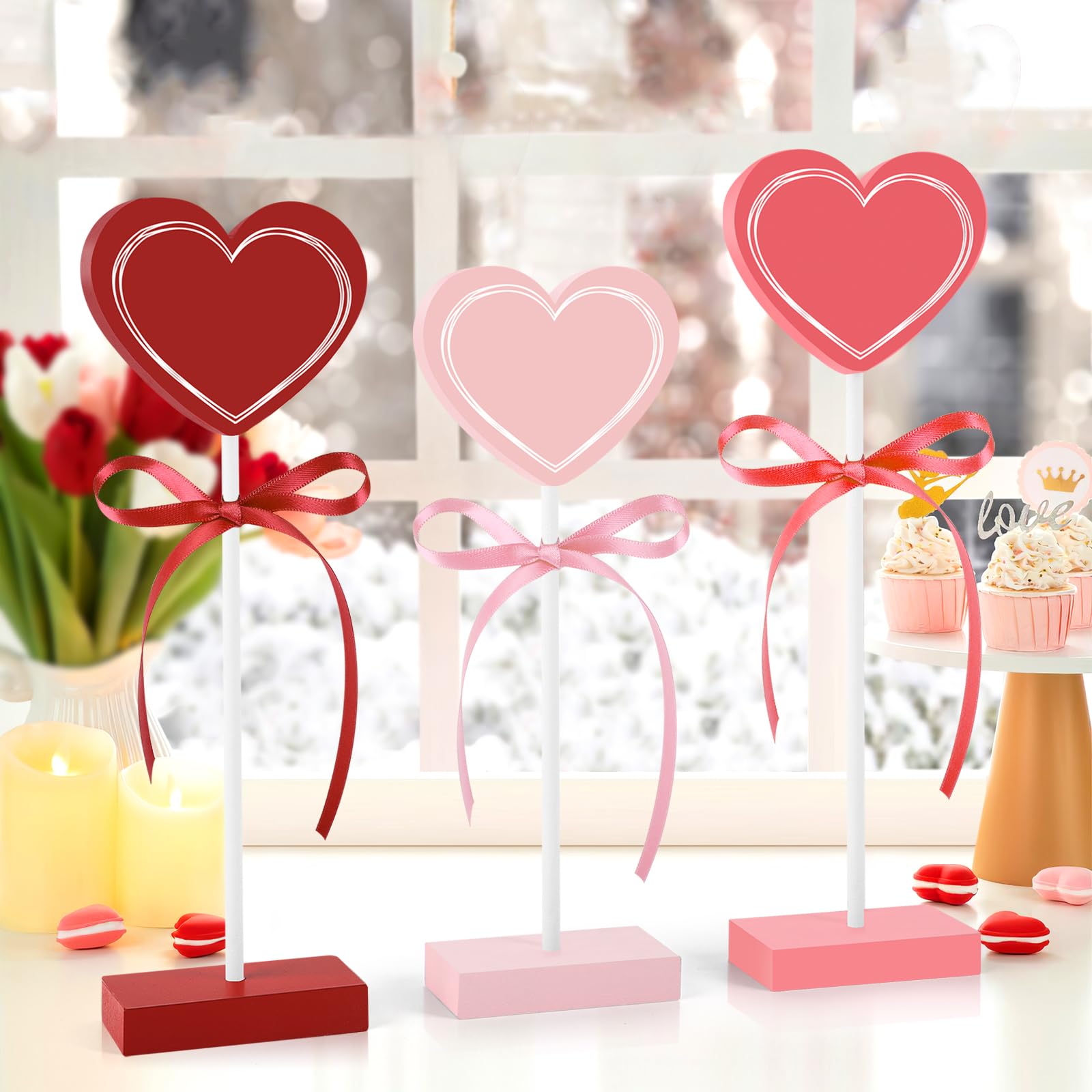 Photo 1 of 3 Pieces Valentine's Day Table Decorations Wooden Heart Set,Rustic Valentine's Day Tiered Tray Decor for Home Tables (Line)