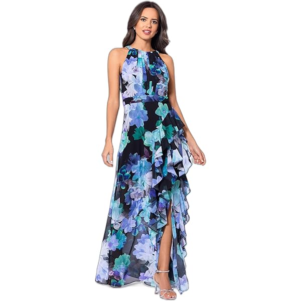 Betsy & Adam Petite Floral-chiffon Halter-neck Gown In Navy | ModeSens