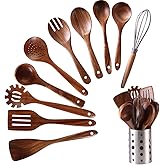 NAYAHOSE 11Pcs Wooden Cooking Utensils Set, Teak Wooden Spoons for Cooking, Comfort Grip - Sturdy - Non Stick Wooden Spatulas for Stirring, Cooking, Kitchen Utensils Set with Stainless Holder