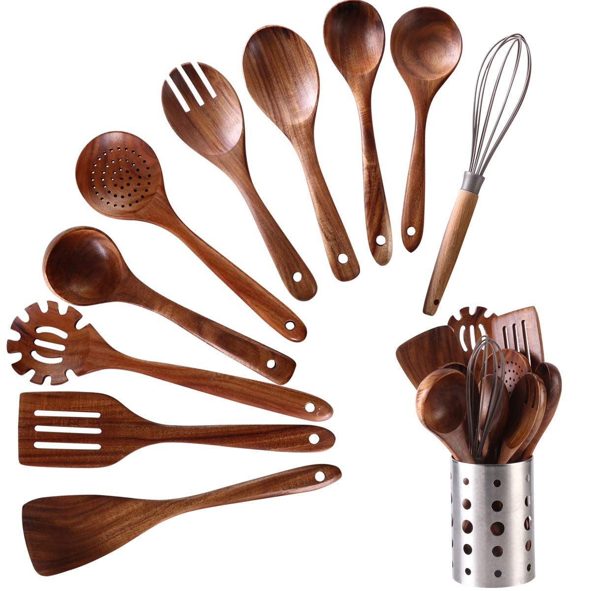 NAYAHOSE Wooden Kitchen Utensils Set with Holder, 11 Pcs Teak Wooden Cooking Spoons and Spatulas with Stainless Steel Storage Barrel