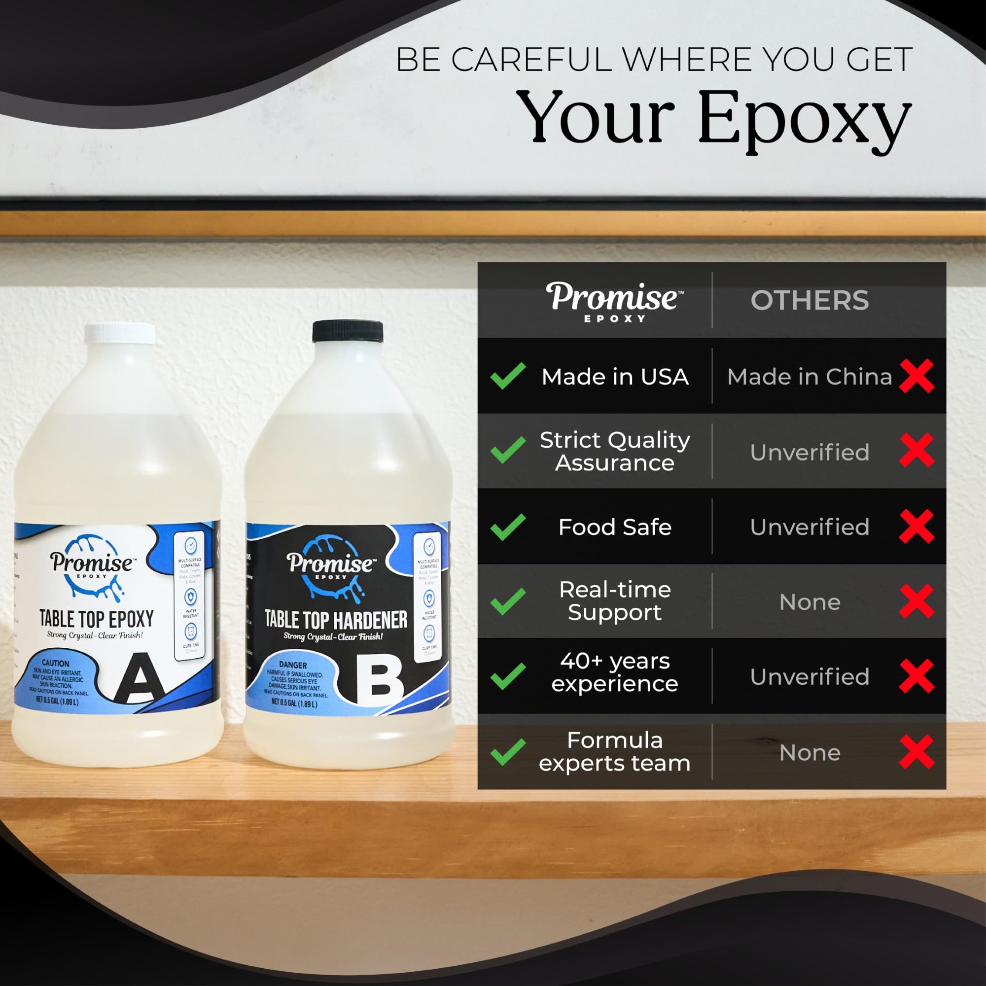 Promise Epoxy Epoxy Resin Kit 16 Oz-Crystal Clear, UV Resistant, Self Leveling, Food Safe for Table Top, Arts & Crafts, Wood Casting, Jewelry Making, Use with Mica Powder, Silicone Molds, Alcohol Ink