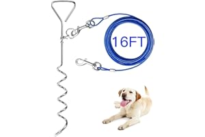 EvilplanDog Tie Out Cable and Stake, 16ft Outside Dog Leash&Chain for Camping and Yard, 16'' Heavy Duty Anti Rust Spiral Stake for Medium-Large Dogs Up to 125 lbs