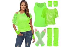 Women's Casual 80s 90s Costumes Neon Outfits Off Shoulder T-Shirt, Fishnet Mesh Tank Tops