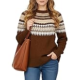 Maxure Womens Fair Isle Sweater, Chunky Knit Vintage Crewneck Warm Long Sleeve Casual Sweater for Winter Outerwear