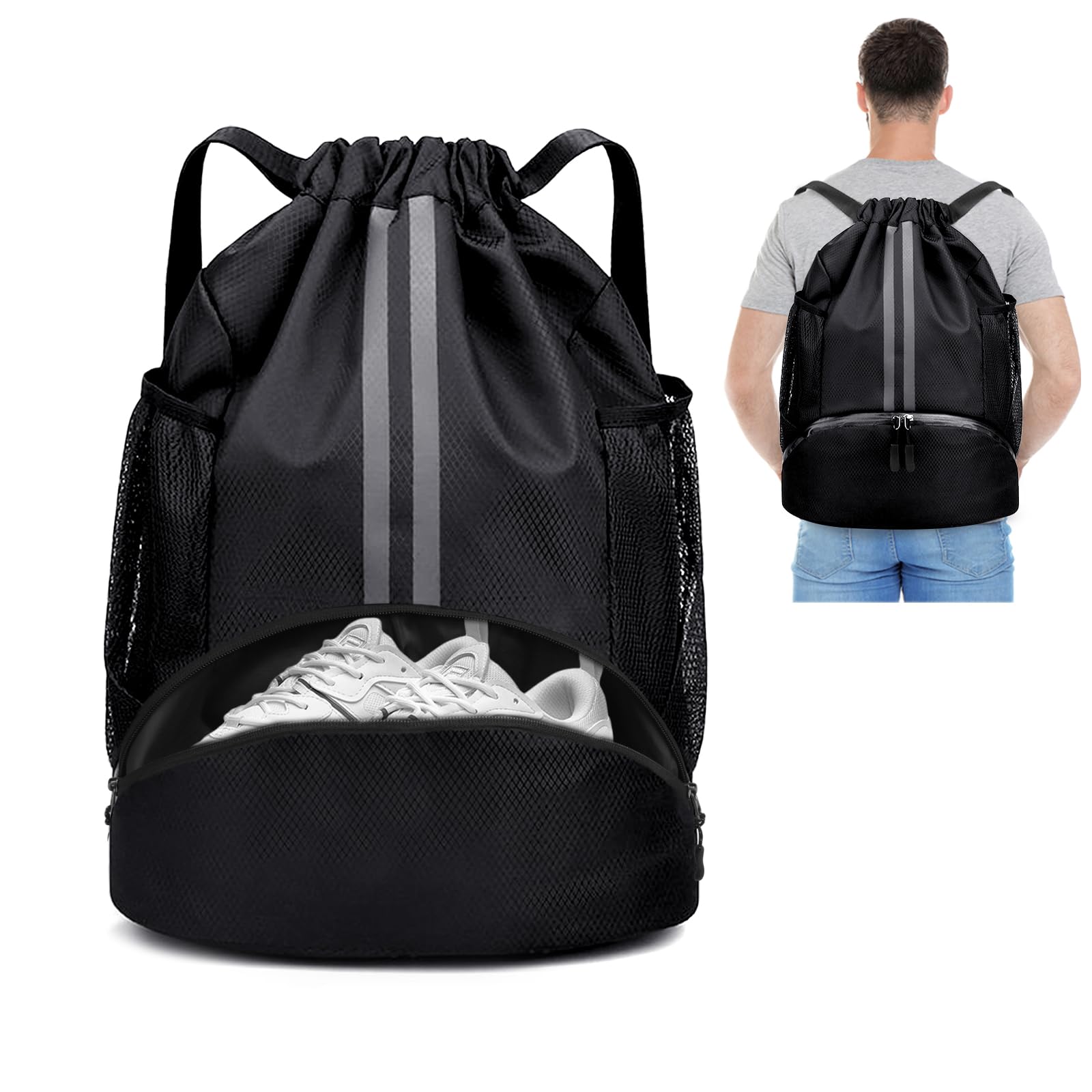 Minicoco Drawstring Backpack - Large Gym Bag Oxford Sports & Outdoor Backpack with Shoe Compartment, Waterproof for Men, Women, Travel