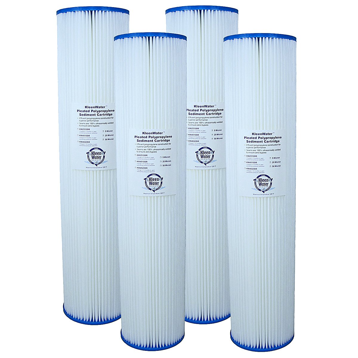 Pleated Dirt Rust Sediment Water Filter, KleenWater KW4520BR Replacement Cartridge, 4.5 x 20 Inch, 50 Micron, Pack of 4