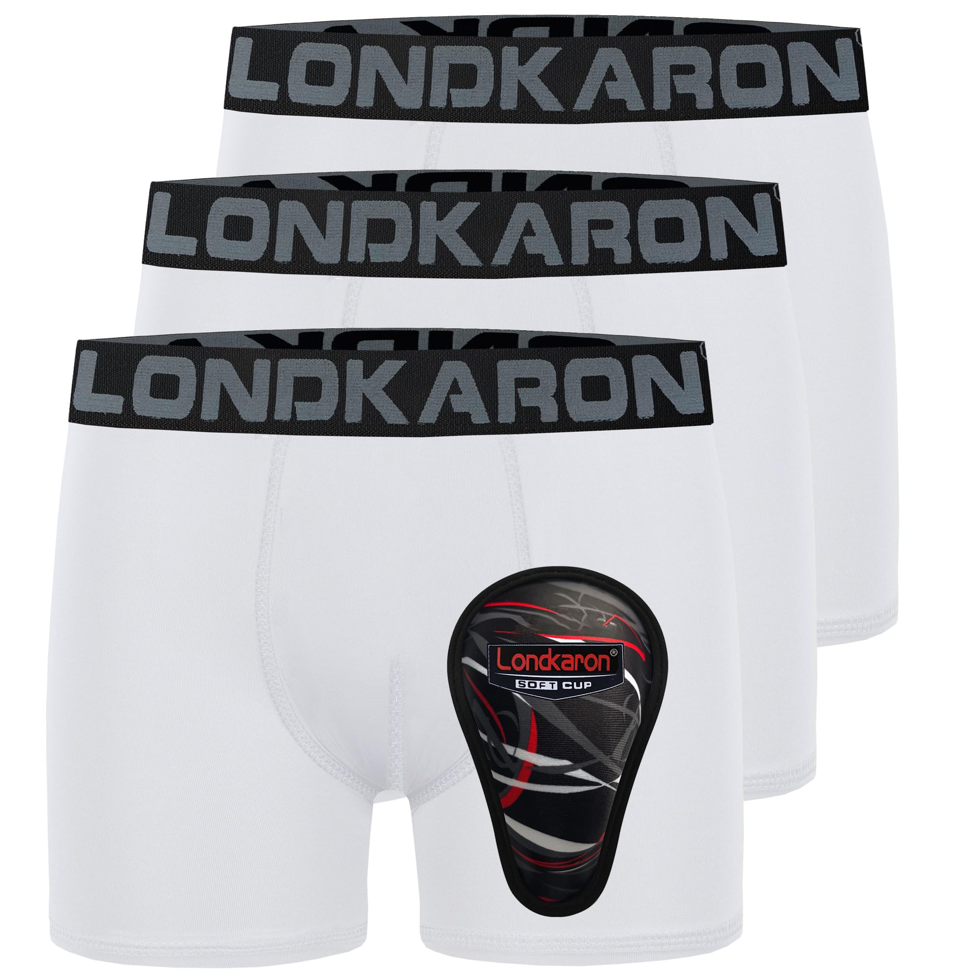 Photo 1 of Londkaron 3-Pack Youth Boys Stretch Boxer Briefs w/Soft Protective Cup, Elite Boxer Jock for Baseball & Football (X-Small, White)