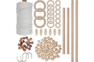 KHZSPP Macrame Kit for Beginners,Natural Cotton Rope Macrame Wall Hanging Kit,Complete Macrame Supplies Wood Beads Wood Rings