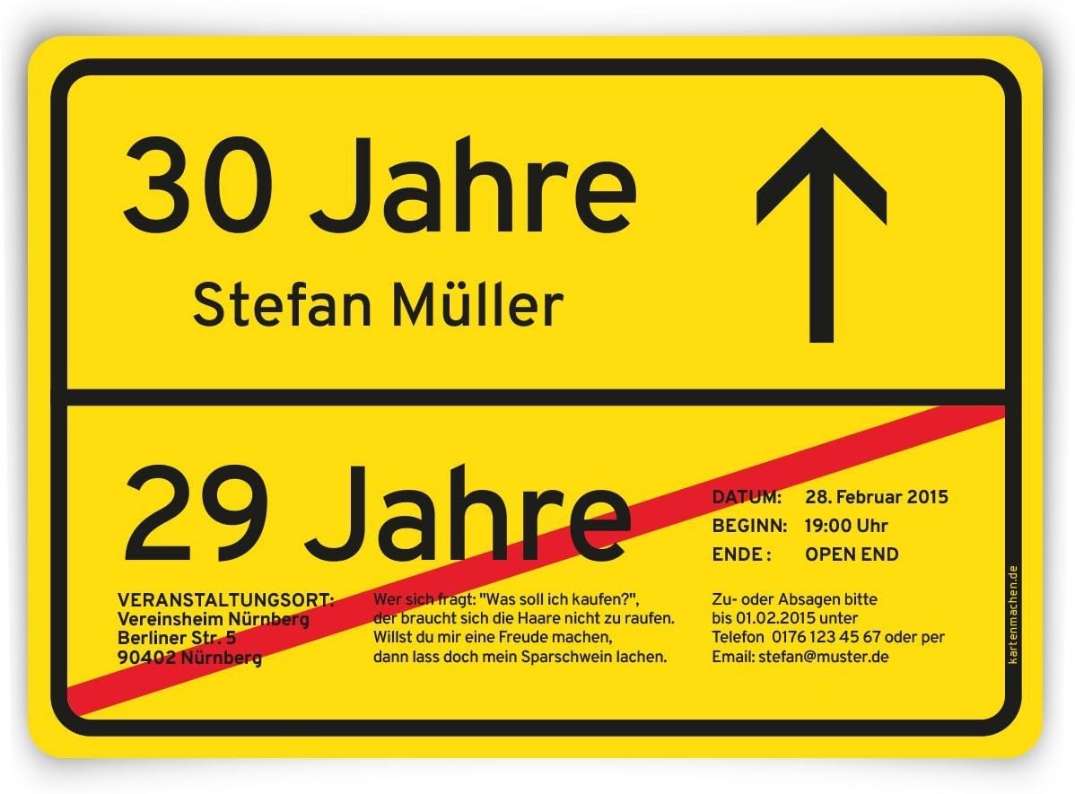 Einladungskarten zum Geburtstag (60 Stück) als Ortsschild Ortstafel