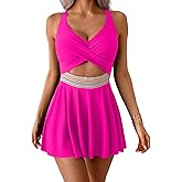Aidonger Women Cutout Swimdress One Piece Swimsuit Color Block Bathing Suit with Skirt Wrap Front Tummy Control Swim Dress