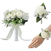 Meldel Ivory Wedding Bouquets for Bride Bridesmaid with Corsage and Boutonniere Set, 8 Inch White Champagne Artificial Roses Flowers Bridal Bouquet for Wedding Church Decoration,Ceremony, Anniversary