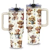xiiai Highland Cow Gifts - Yak Tumbler 40oz with Handle and Straws, Leak-proof, Stainless Steel Insulated Coffee Mugs for Western Farm Lovers Cups, Highland Cows Drinking Water Bottle