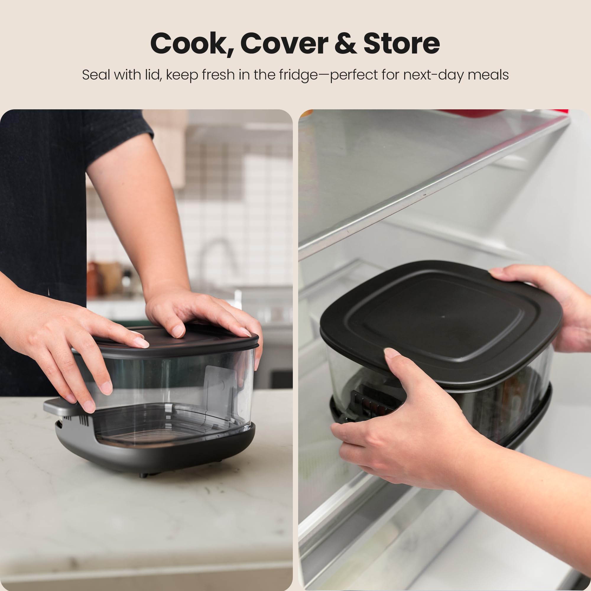 Kismile Freidora de aire de vidrio portátil 5 en 1, recipientes de vidrio dobles con tapas de 2.6QT y 4.7QT, 85% menos de aceite, horno freidora de aire inteligente compacto para asado profundo, crujiente, mantener caliente - Apto para congelador y lavavajillas