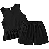 Ecolala Girls Summer Outfit Textured Ruffle Hem Sleeveless Tank Top and Short Sets Vacation Beach