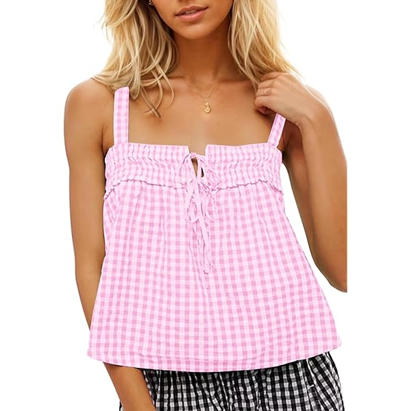 Women Y2K Tie Front Gingham Crop Tank Tops Square Neck Sleeveless