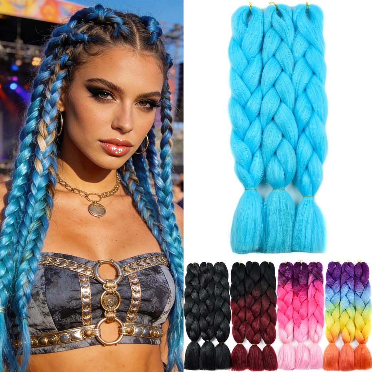 Yamel Braiding Hair Extension,Kanekalon Braiding Hair for Braiding Crochet Twist Box Braids Hair 24Inch 3pcs Light Blue Jumbo Braiding Hair โ image 1