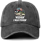 GOSJINNK Funny Fishing Hats Wishing I was Fishing Printed Cotton Adjustable Baseball Caps Men's Distressed Washed Black Baseball Hats Funny Birthday Gifts for Dad Grandpa Family Coworker Fisherman