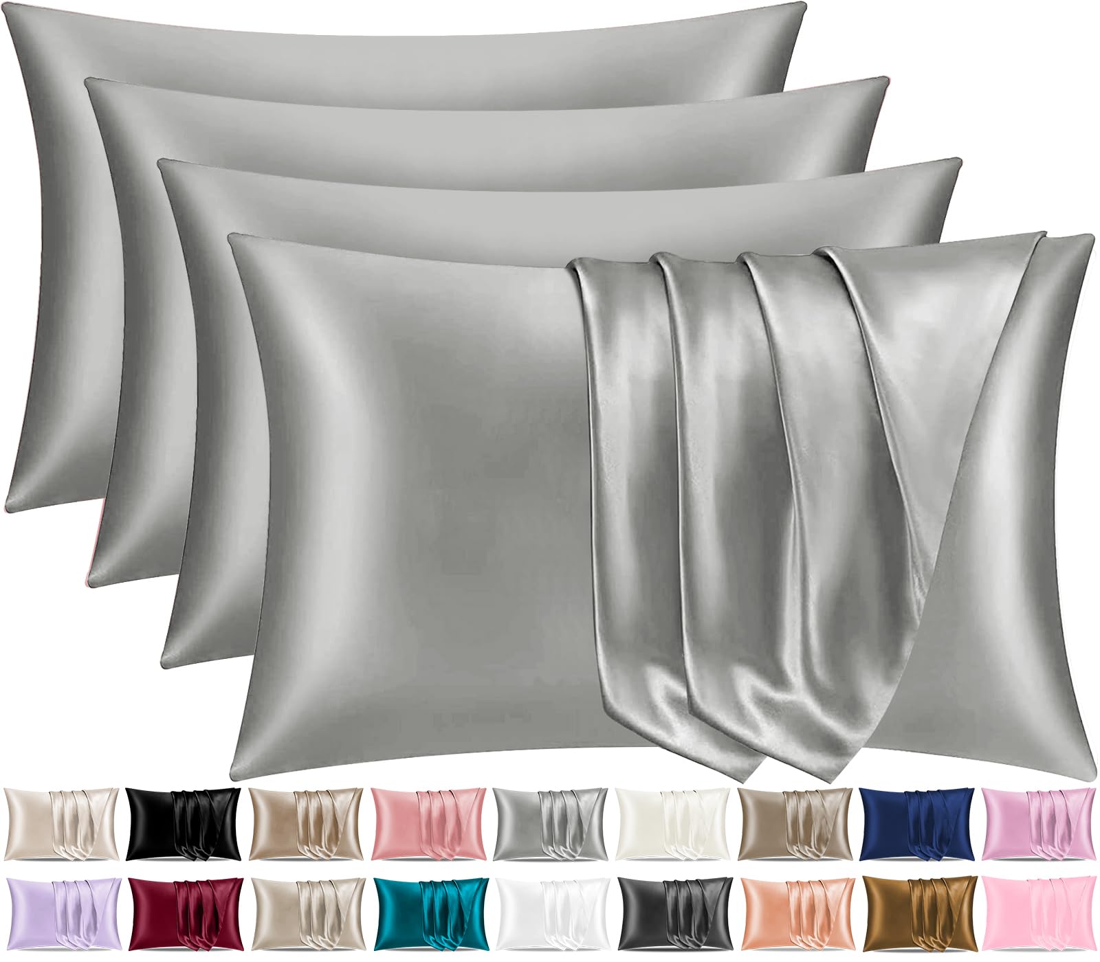 Pamposh Satin Silk Pillowcases For Hair And Skin 4 Pack Standard Size with Envelope Closure (4 Pcs Pillowcases (50 x 75 cm), Grey)