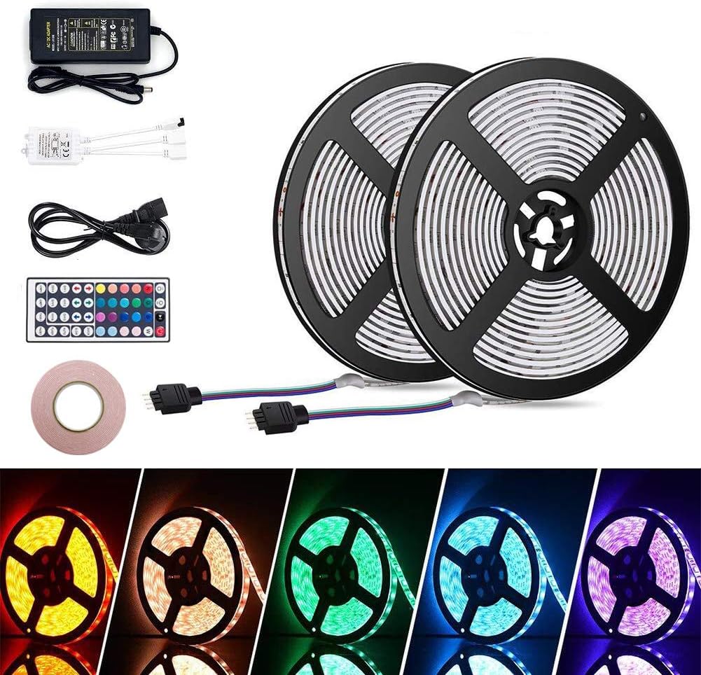 Opard 10m LED Strips Lights Kits IP65 Waterproof 44 Key IR Remote 5050 RGB LED Lighting Strip 12V Low Voltage Light Strips with 20 Colors 12 Modes