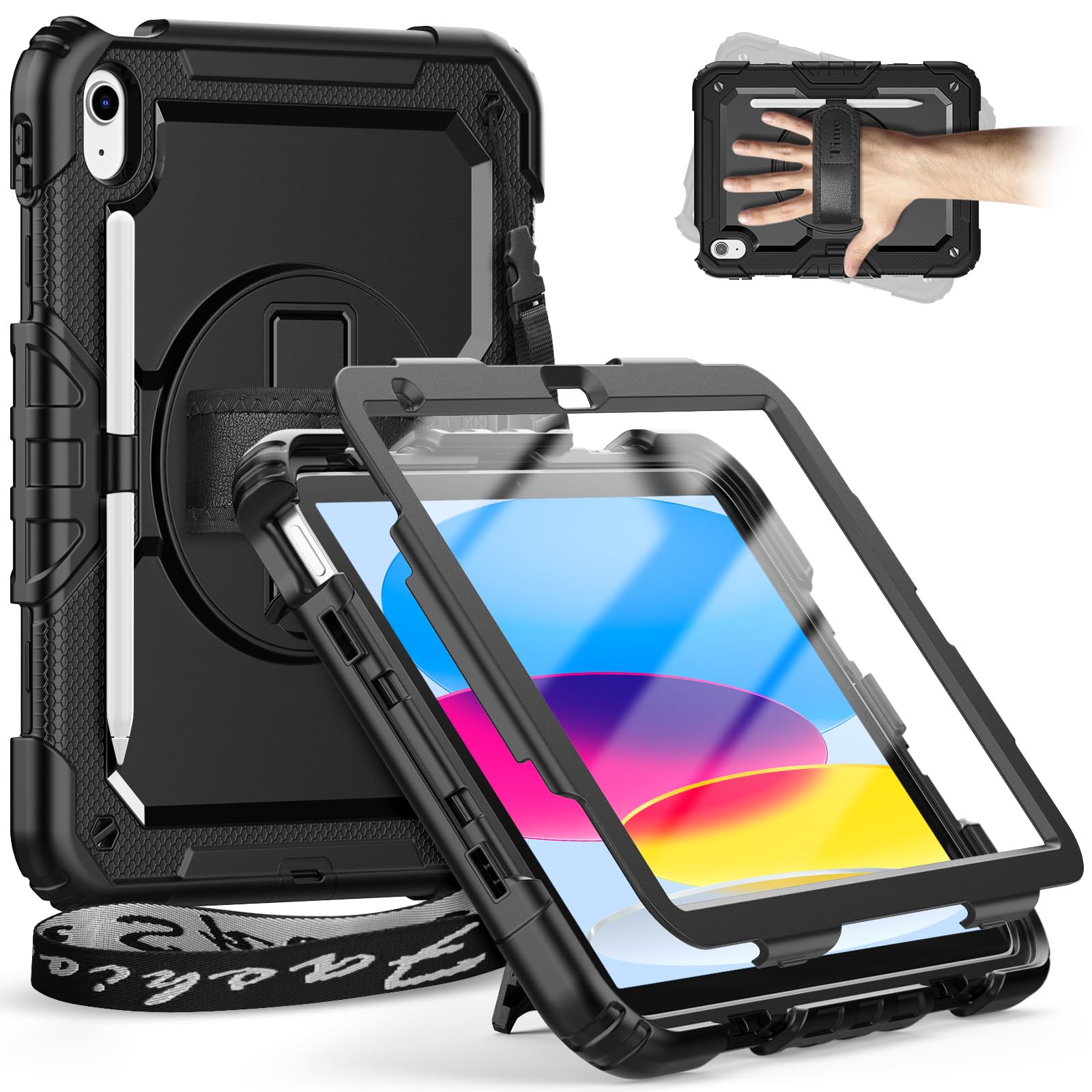 Timecity For iPad (A16) 11th Generation Case 11 inch 2025/iPad 10th Generation Case 10.9 inch 2022, Heavy Duty Protective Cover with Screen Protector, Rotating Stand, Shoulder Strap. Black — image 1
