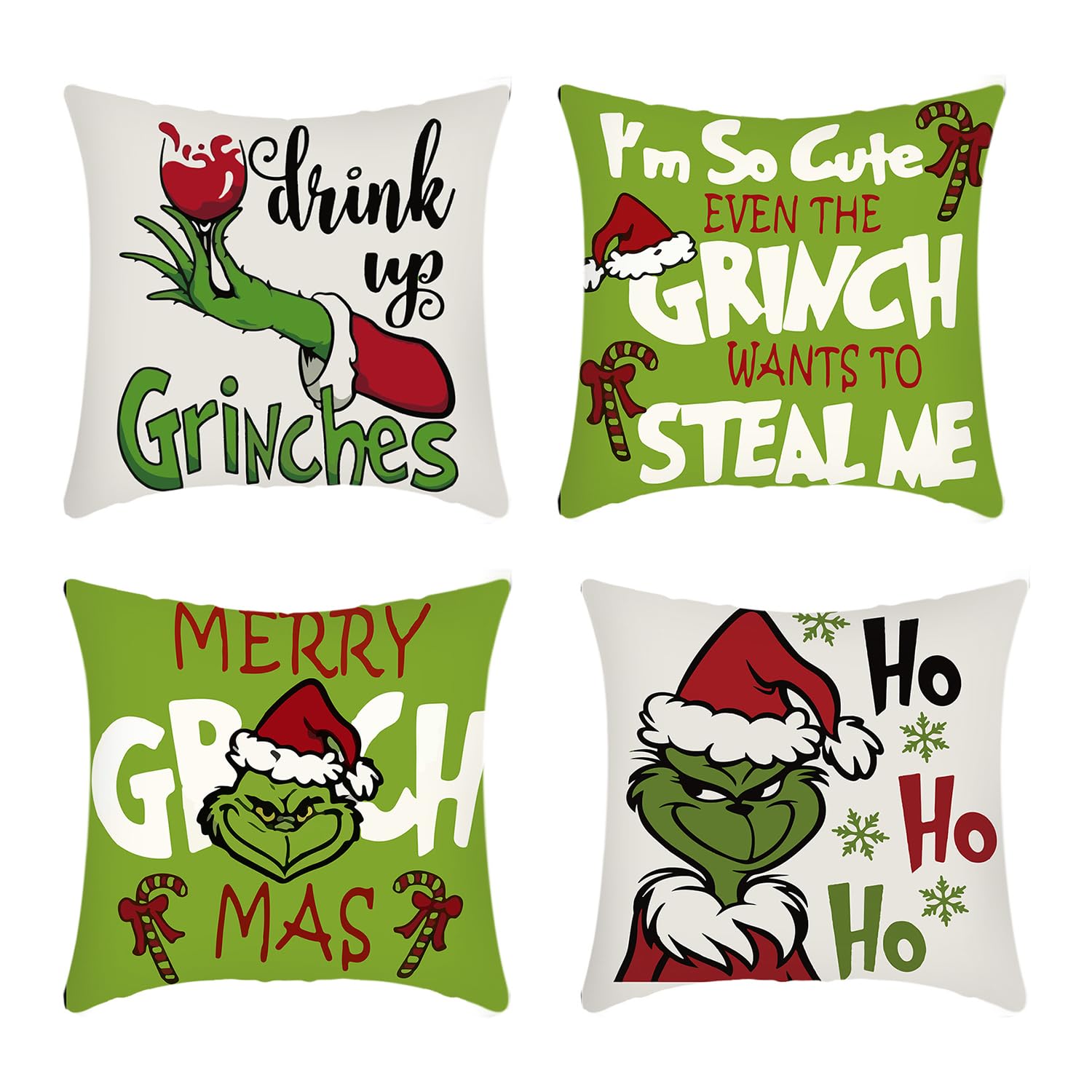Bohue 4pcs Grinch Christmas Pillow Covers Merry Grinchmas Throw Pillow Covers 45 * 45cm Christmas Pillows Case Decoration Winter Xmas Decor for Sofa