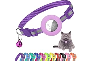 Aiyuda Reflective Breakaway Airtag Cat Collar, Slide-On Air Tag GPS Tracker Holder Compatible for Apple Airtag, Removable Jingle Bell, 3/8” Wide Cat Collars for Girl and Boys, Purple Stripe