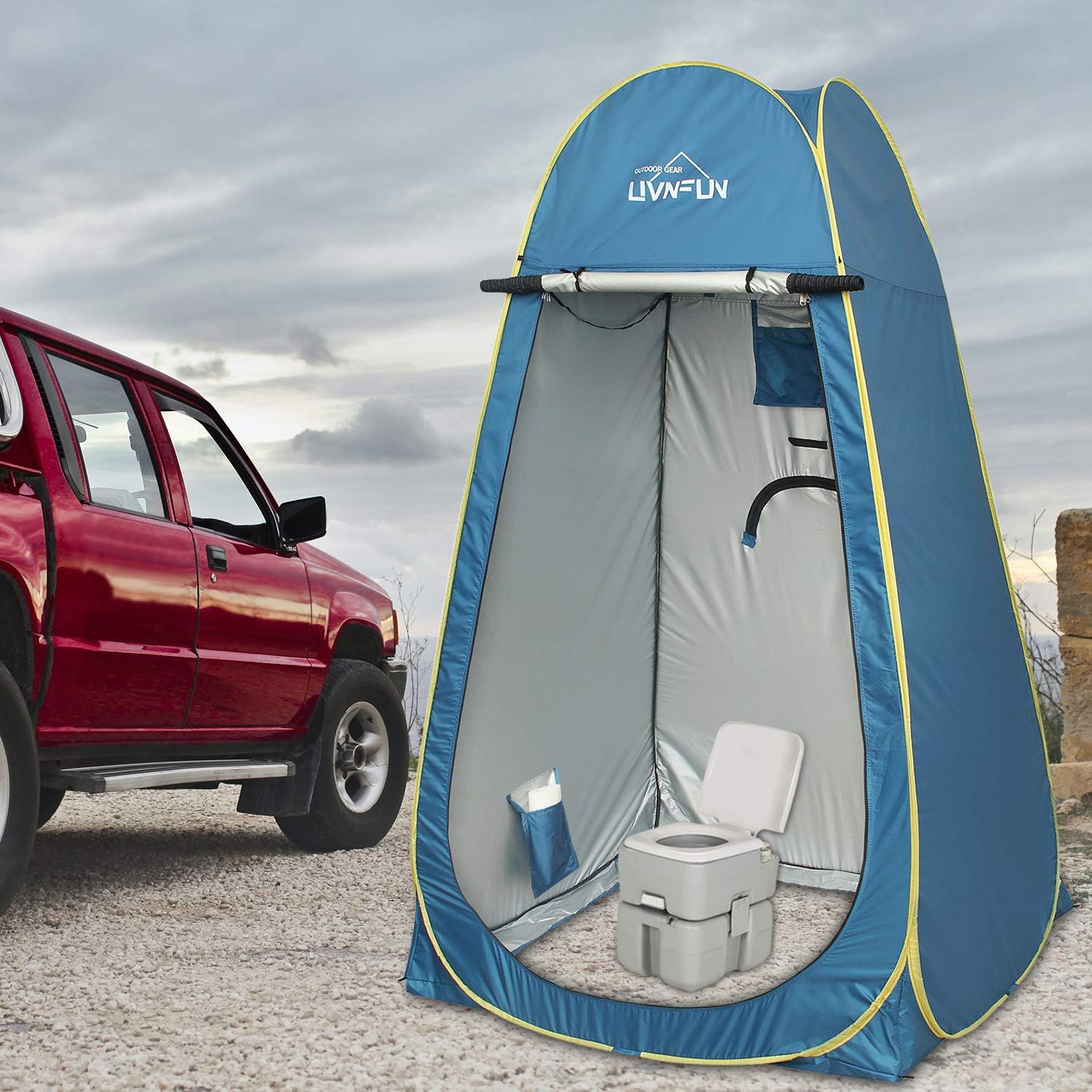 6.9 FT Pop Up Camping Shower Tent, Portable Changing Room Privacy Shelter Tent for Outdoor Camping Toilet with Carrying Bag, Extra Tall - Blue: Sports & Outdoors