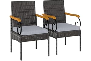 Outsunny Wicker Patio Chairs Set of 2, PE Rattan Outdoor Dining Chairs with Removable Cushion, Acacia Wood Armrests, Steel Fr
