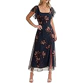 Caracilia Women Square Neck Floral Tulle Wedding Guest Bridemaid Dresses Summer Ruffle Sleeve High Slit Formal Midi Dress