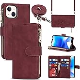 Jaorty for iPhone 13/14 Phone Case Wallet for Women Men with Card Holder,for iPhone 14/13 Crossbody Case with Strap Shoulder Lanyard, Zipper Pocket PU Leather Cases,6.1 Inch Burgundy