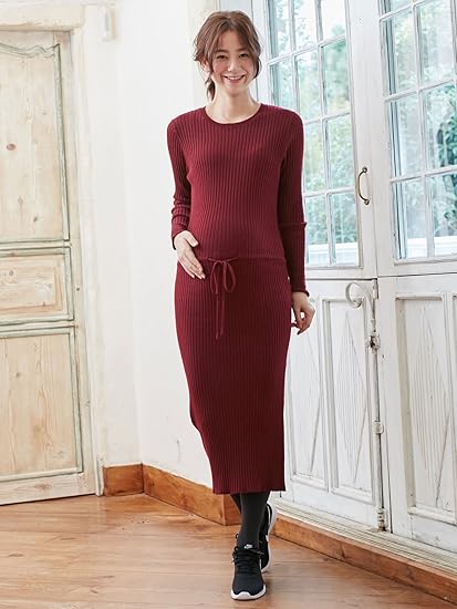 Amazon Co Jp Angeliebe エンジェリーベ マタニティ ワンピース リブニット ワンピ 妊婦服 産前産後 長袖 フリー ボルドー 服 ファッション小物