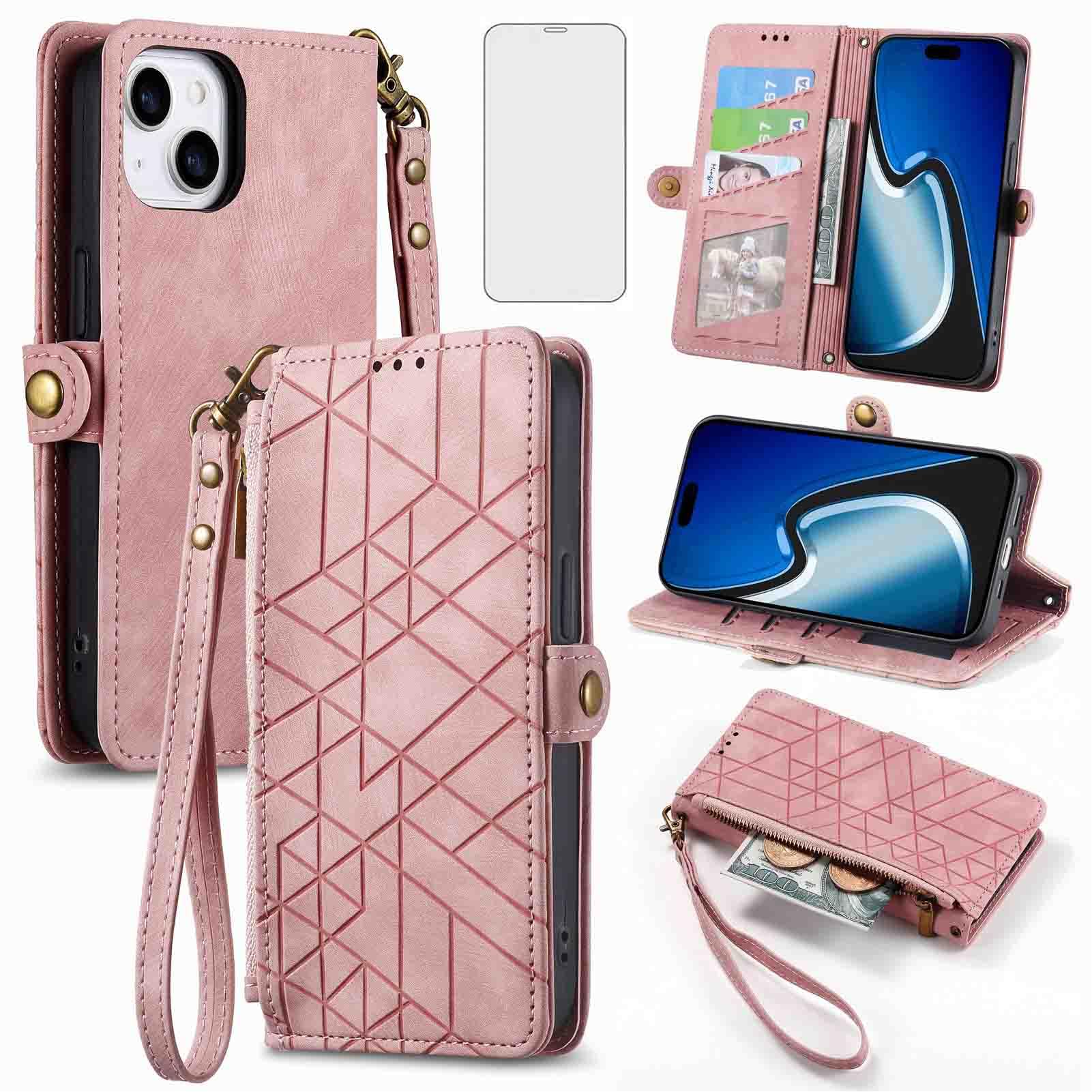 Asuwish Phone Case for iPhone 15 Plus 6.7 inch Wallet Cover with Tempered Glass Screen Protector and Flip Zipper Card Holder Cell i-Phone 15+ iPhone15Plus 5G i i15 + iPhone15 15Plus Women Men Pink
