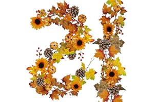 WINLYN 2 Pack Fall Maple Leaf Garland - 6ft/Piece Artificial Berries Sunflower Pumpkin Autumn Garland Decoration for Wedding Party Thanksgiving Dinner Fireplace Door Frame Doorway Backdrop Decor