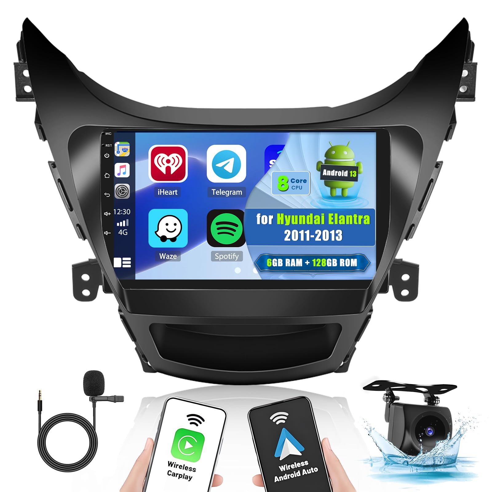 Photo 1 of 8Core 6+128G Car Stereo for Hyundai Elantra 2011-2013 with Wireless Apple Carplay Android Auto, 9 Inch Android 13 1280 * 720 Touch Screen Car Radio with DSP BT 5.0 GPS WiFi SWC EQ+ Backup Camera Mic