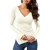 TAIPOVE Women's Long Bell Sleeve V Neck Ribbed Shirt Asymmetrical Hem Going Out Tops Slim Fit Trendy Fall Winter Outfits