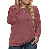 VISLILY Womens-Plus-Size-Tops Dressy Swiss Dotted Puffy Sheer Long Sleeve Blouses Casual Crewneck T Shirts Loose Tunics 1X-5X