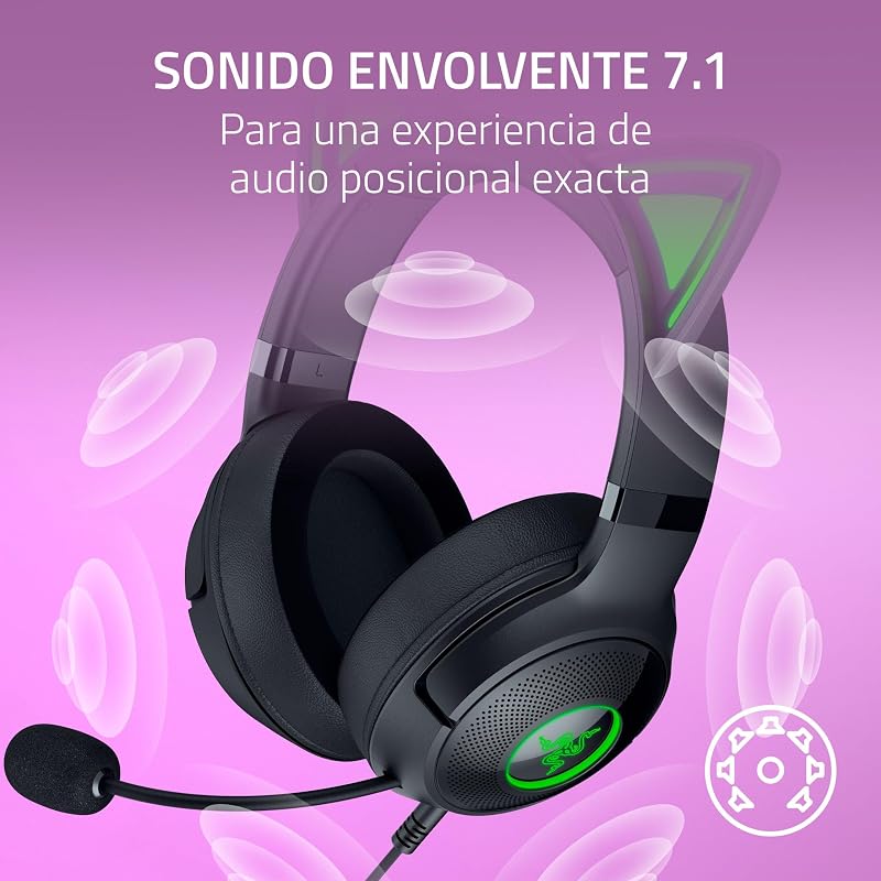 Kraken Kitty V2 - Auriculares RGB por Cable con Orejas de Gatito (Iluminación reactiva al Streaming, Micrófono cardioide HyperClear, Diafragmas de 40 mm Triforce, Sonido Envolvente 7.1) Negro