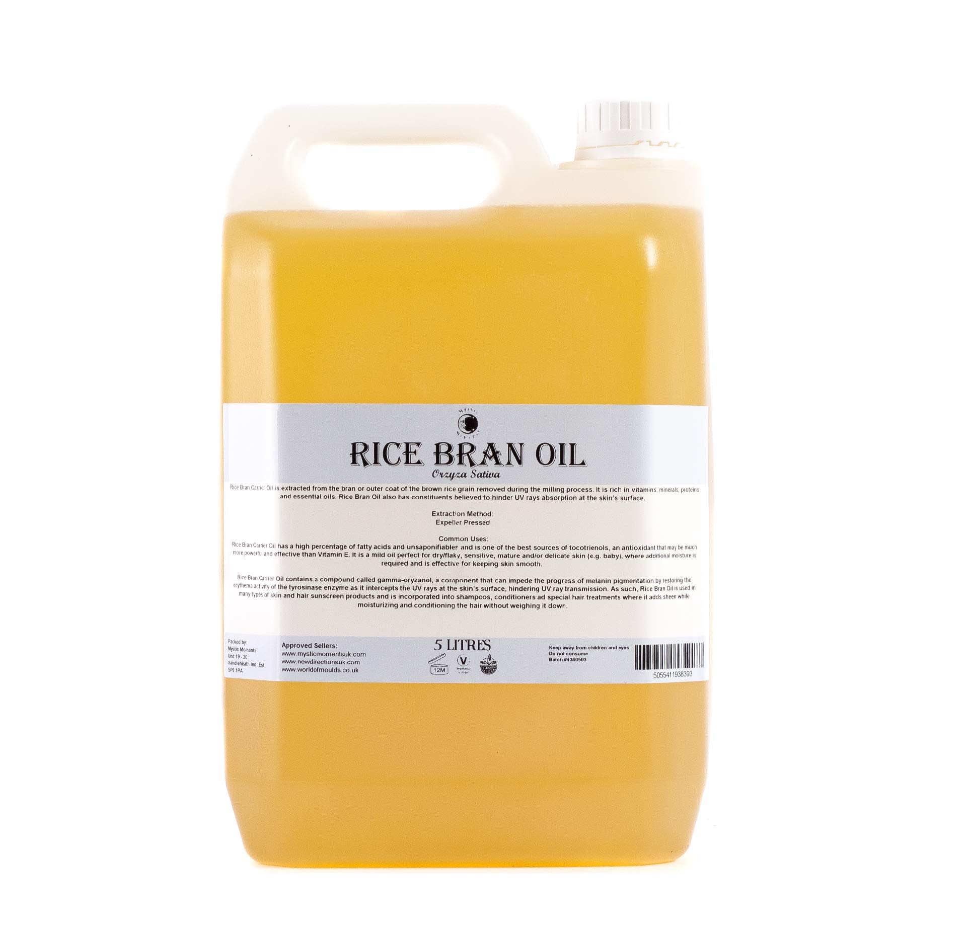 Mystic Moments | Rice Bran Carrier Oil 5 Litres | Oryza Sativa | Lightweight Moisturising Skin & Hair Care Oil | Ideal for Skincare, Massage & Cosmetic Formulations | Smooth Conditioning Beauty Oil