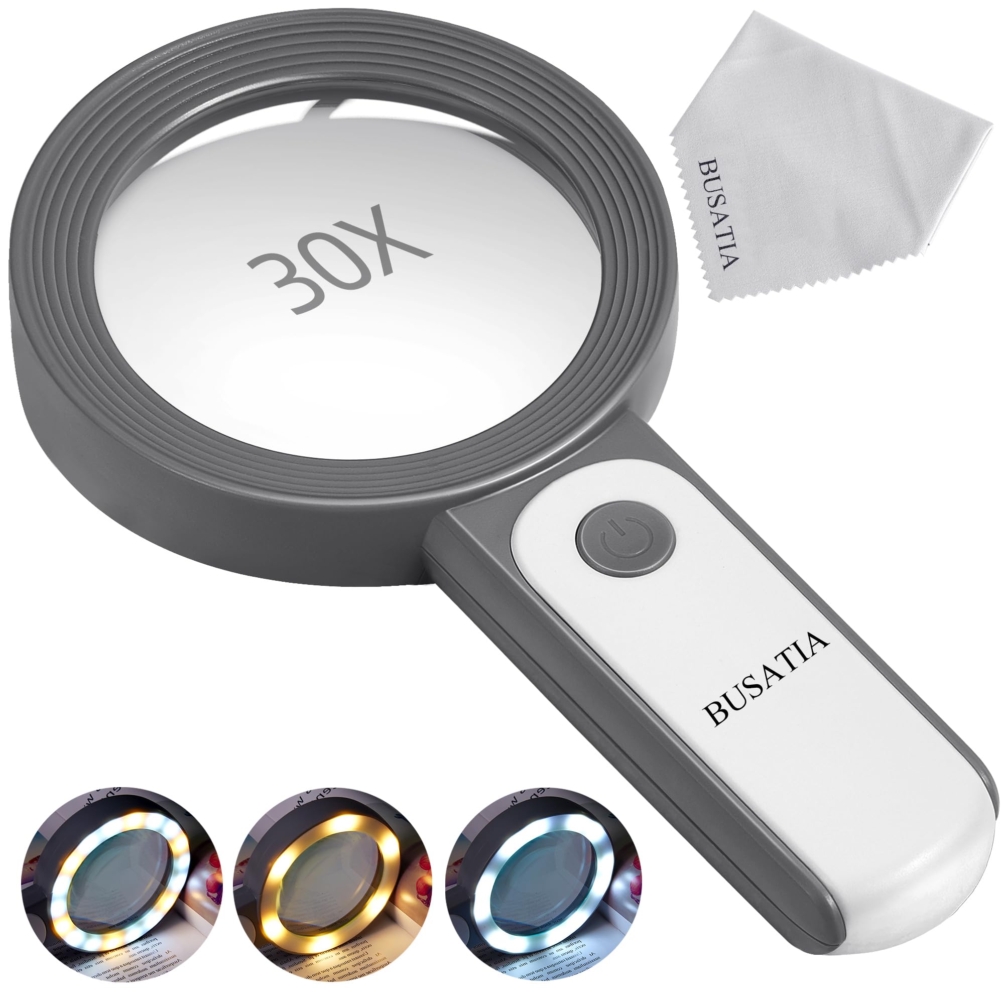 BUSATIA Magnifying Glass 30X, 18LED Handheld Large Magnifying Glass with light, 100mm/4in Glass Magnifier with 3 Modes, Illuminated Magnifying Glass for Reading, Hobbies (White + Grey)