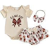 ZIXILOVGIR Baby Girl Football Outfit Game Day Bow Romper Rugby Layered Bloomers Shorts Boutique Summer Clothes+Headband