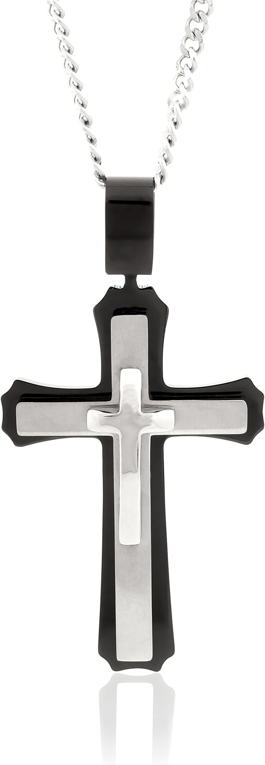 Stainless Steel Men's Large Cross Necklace with 24 Inch Curb Chain - Black Outer Cross…
